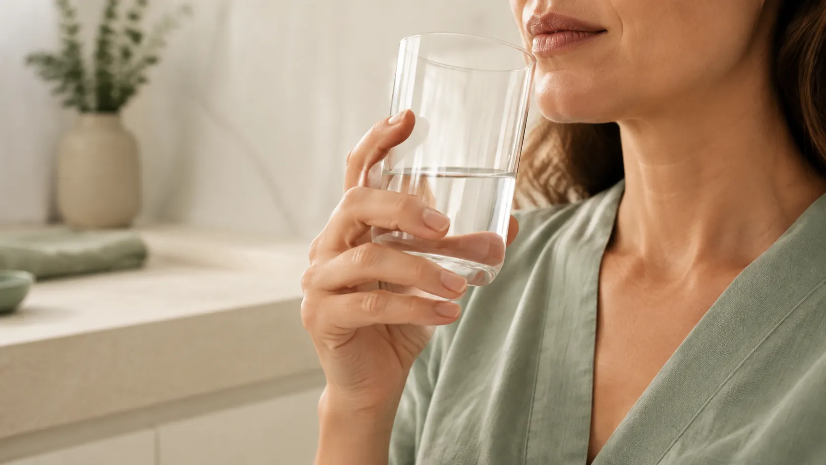 Person som holder et glass vann nær munnen i et rolig hjemmemiljø.