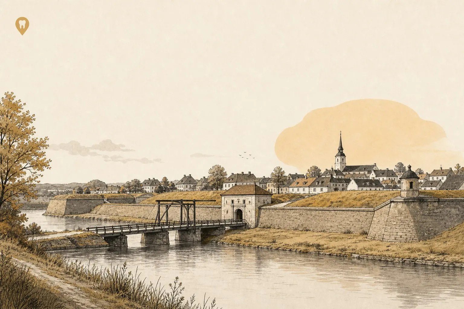 Redaksjonell illustrasjon: en kartnål med tann over Gamlebyen i Fredrikstad.