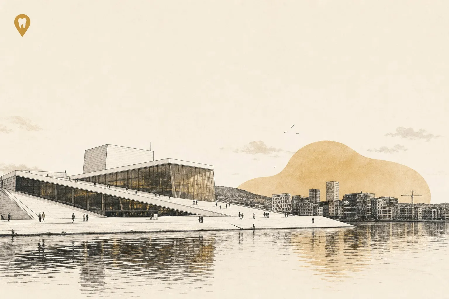 Redaksjonell illustrasjon: en kartnål med tann over Operaen i Oslo sentrum.