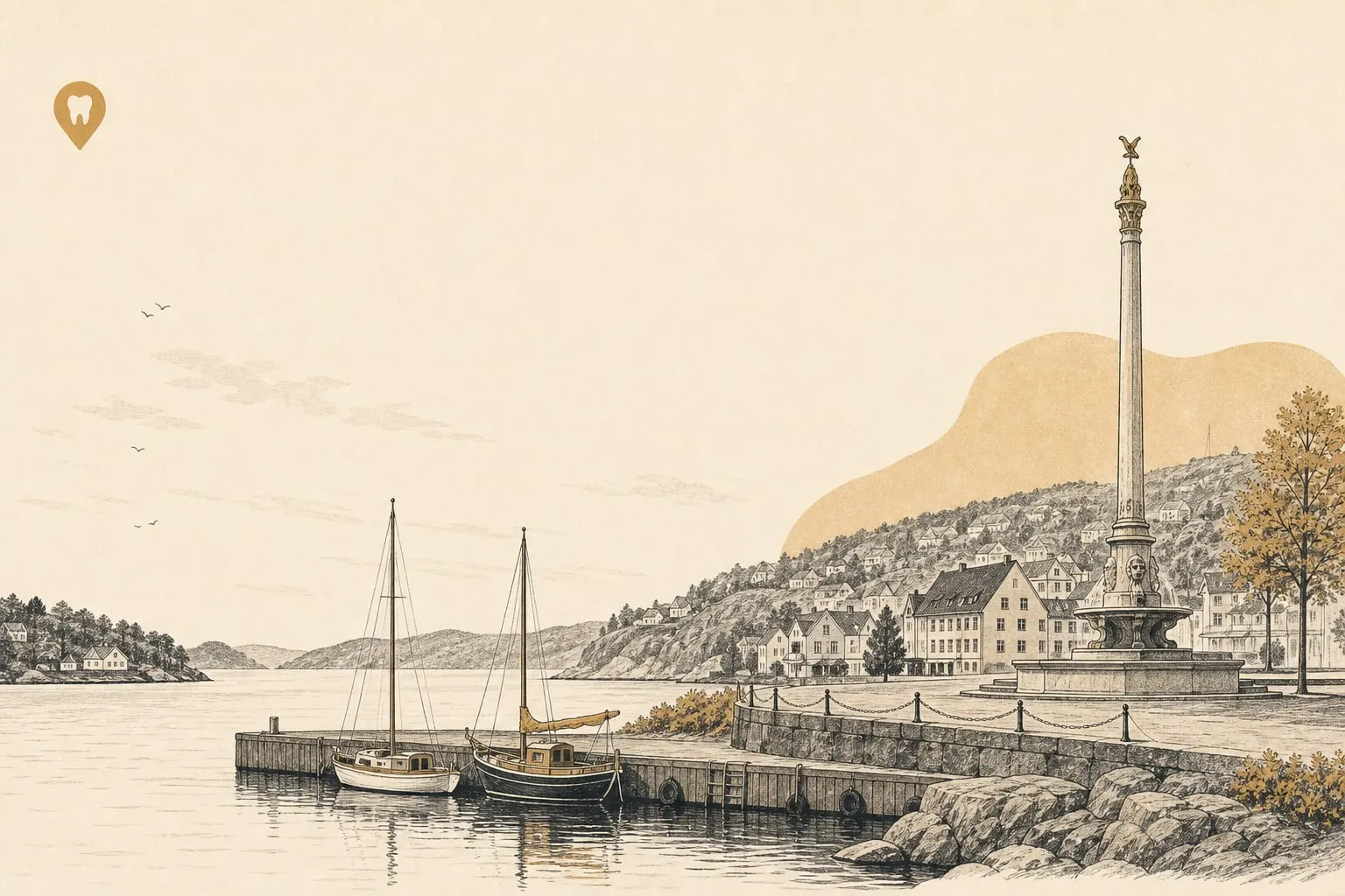 Redaksjonell illustrasjon: en kartnål med tann over havna i Sandefjord.
