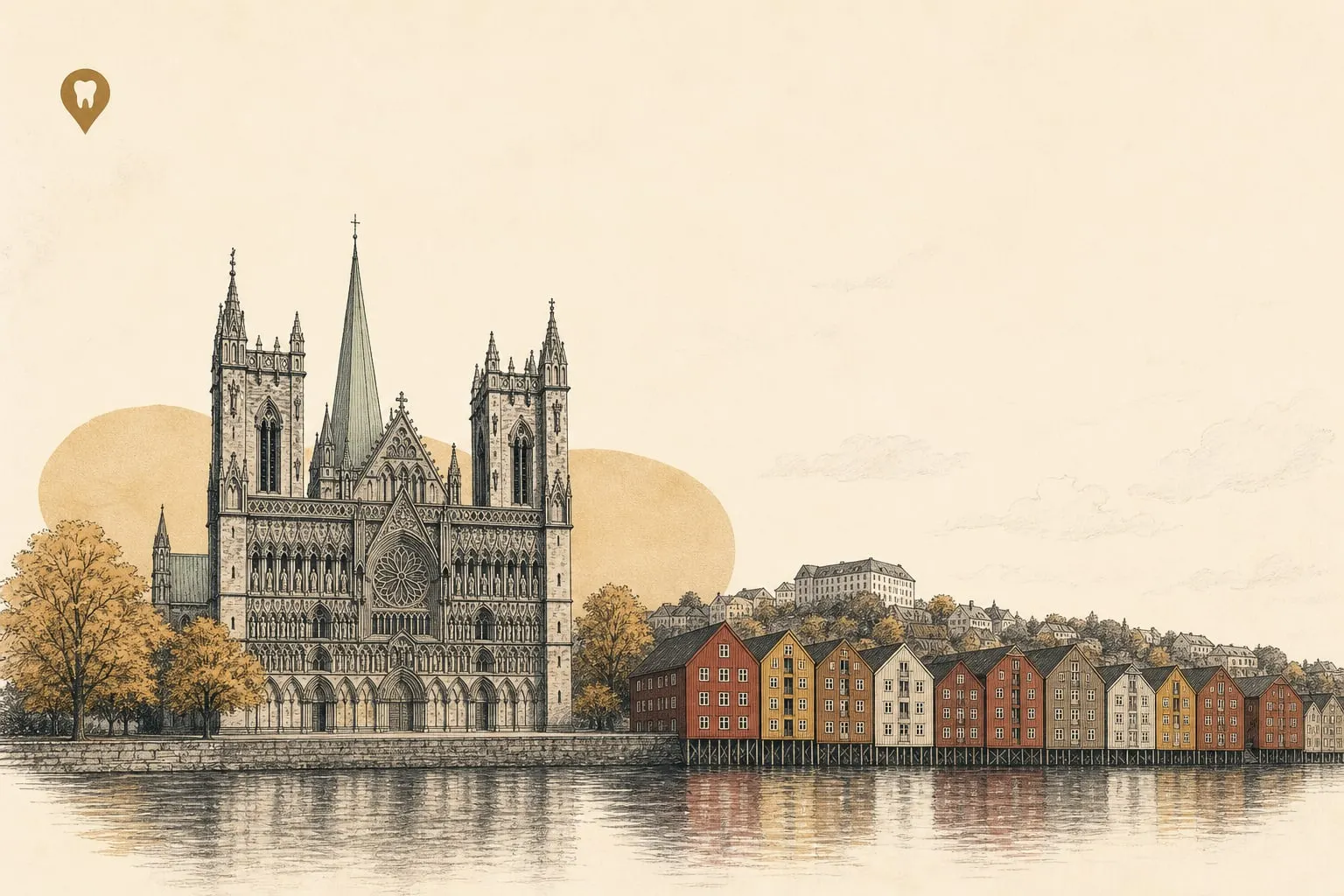 Redaksjonell illustrasjon: en kartnål med tann over Nidarosdomen i Trondheim.